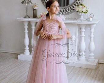 Kralen bloemenmeisje jurk, bloemenmeisje jurk trein, Blush bloemenmeisje jurk peuter, stoffige roze tule jurk, prinses bloemenmeisje jurk