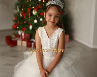 Sequin flower girl dress, Girl dress for wedding, Toddler princess dress,Fairy dress girls,Communion dress for girls,White flower girl dress