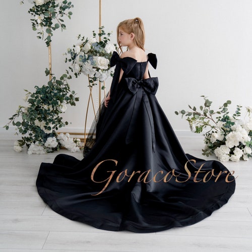 Black Flower Girl Dress Toddler, Satin Flower Girl Dress, Flower Girl Dress with Train, Girl Ball Gown Dress, Black Party Dress Girls