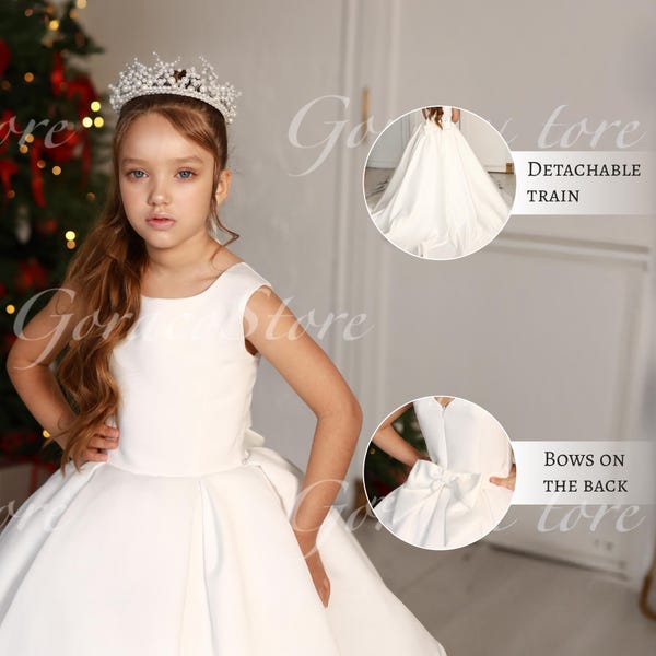 Satin flower girl dress bow, Toddler princess dress, Pageant dress girls,Photoshoot dress girl,Communion dress girls,White flower girl dress