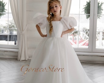 Flower girl dress long train, Flower girl dress satin and lace,White flower girl dress tulle,Flower girl dress with train,Puffy sleeve dress