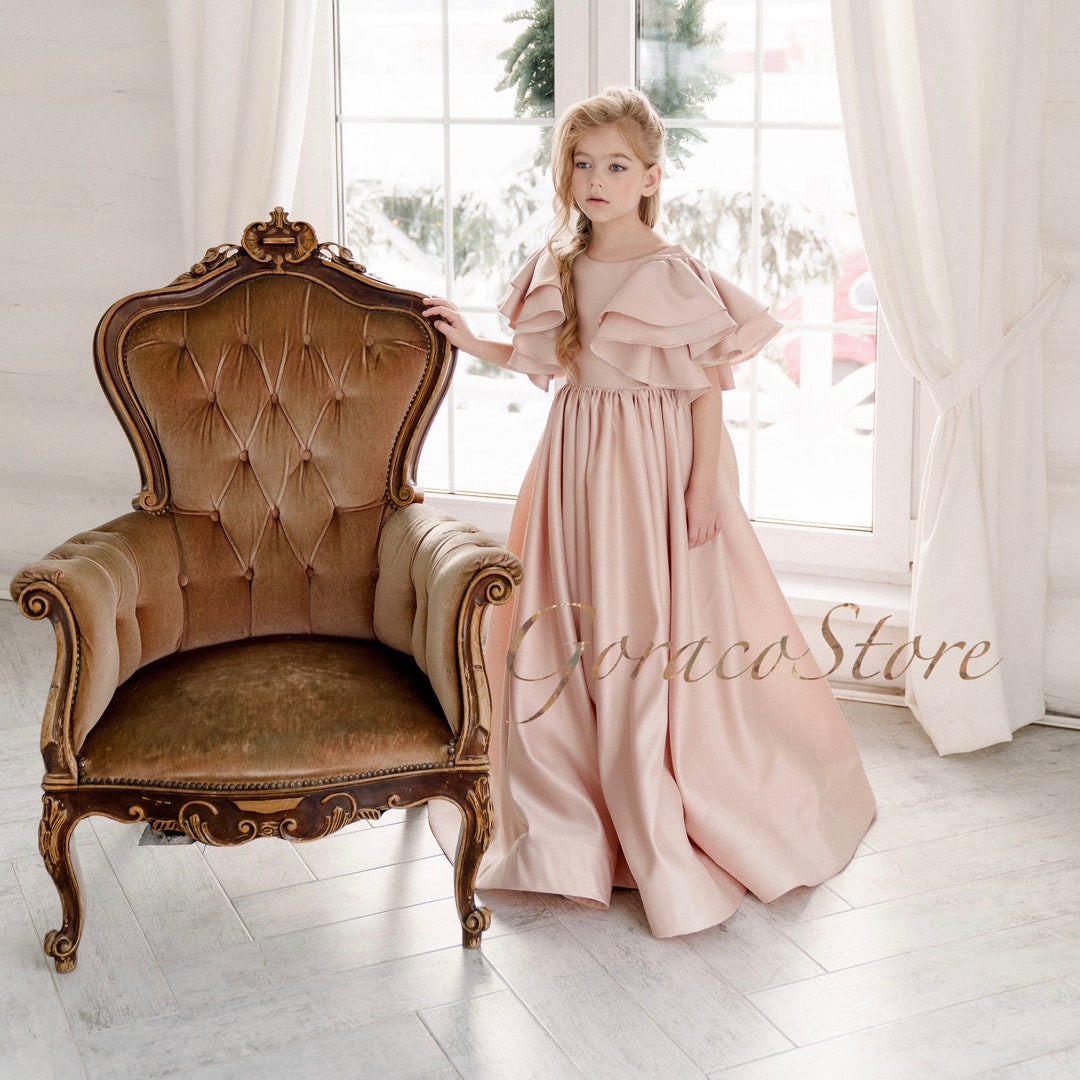 Flower Girl Dress Long Train, Satin Flower Girl Dress Toddler, Ivory