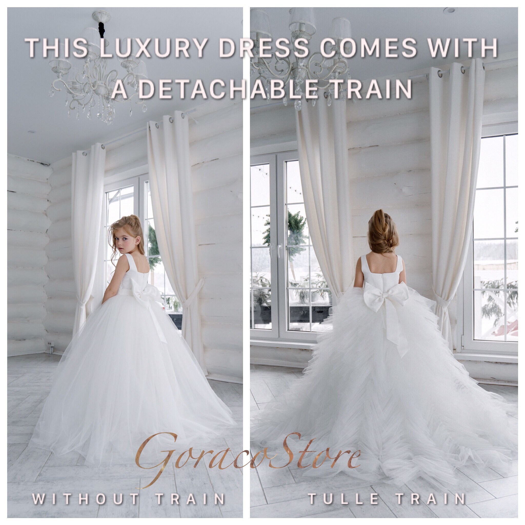 Satin Flower Girl Dress White, Flower Girl Dress Tulle Train, Ivory