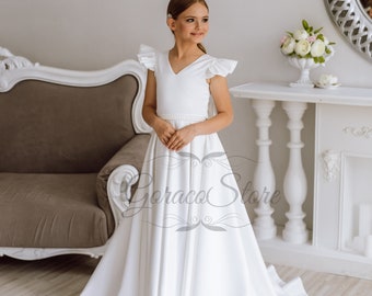 Blumenmädchen Kleid Tüll weiß, Blumenmädchen Kleid mit Schleife, Blumenmädchen Kleid Kleinkind, 1 Kommunion Kleid, Satin Blumenmädchen Kleid