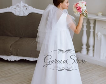 Communion dress for girls white, White satin dress, Girl ball gown, Baptism dress, Formal dress for girls, Flower girl veil