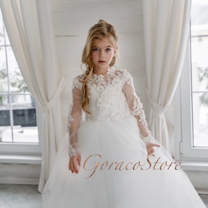 First communion dress, Flower girl dress lace, Flower girl dress with long sleeves, Flower girl dress toddler, Flower girl dress ivory