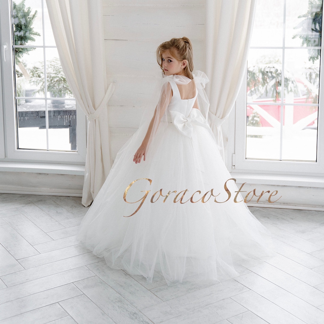 Flower Girl Dress With Bow on Back, White Princess Dress, Baby Ball