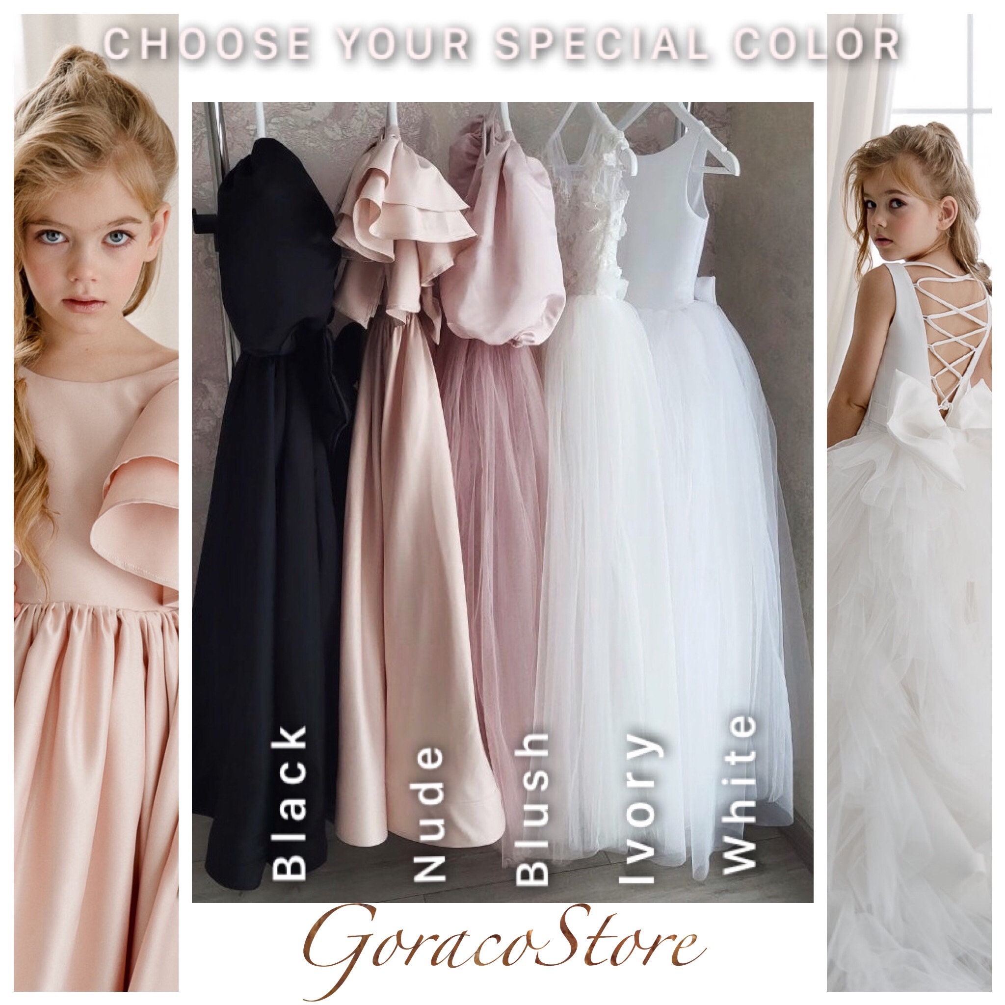 Satin Flower Girl Dress White, Flower Girl Dress Tulle Train, Ivory