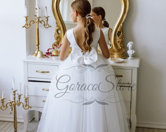 Flower girl dress bow back, White satin flower girl dress, Formal toddler dress, Junior bridesmaid dress, Kids wedding guest dress