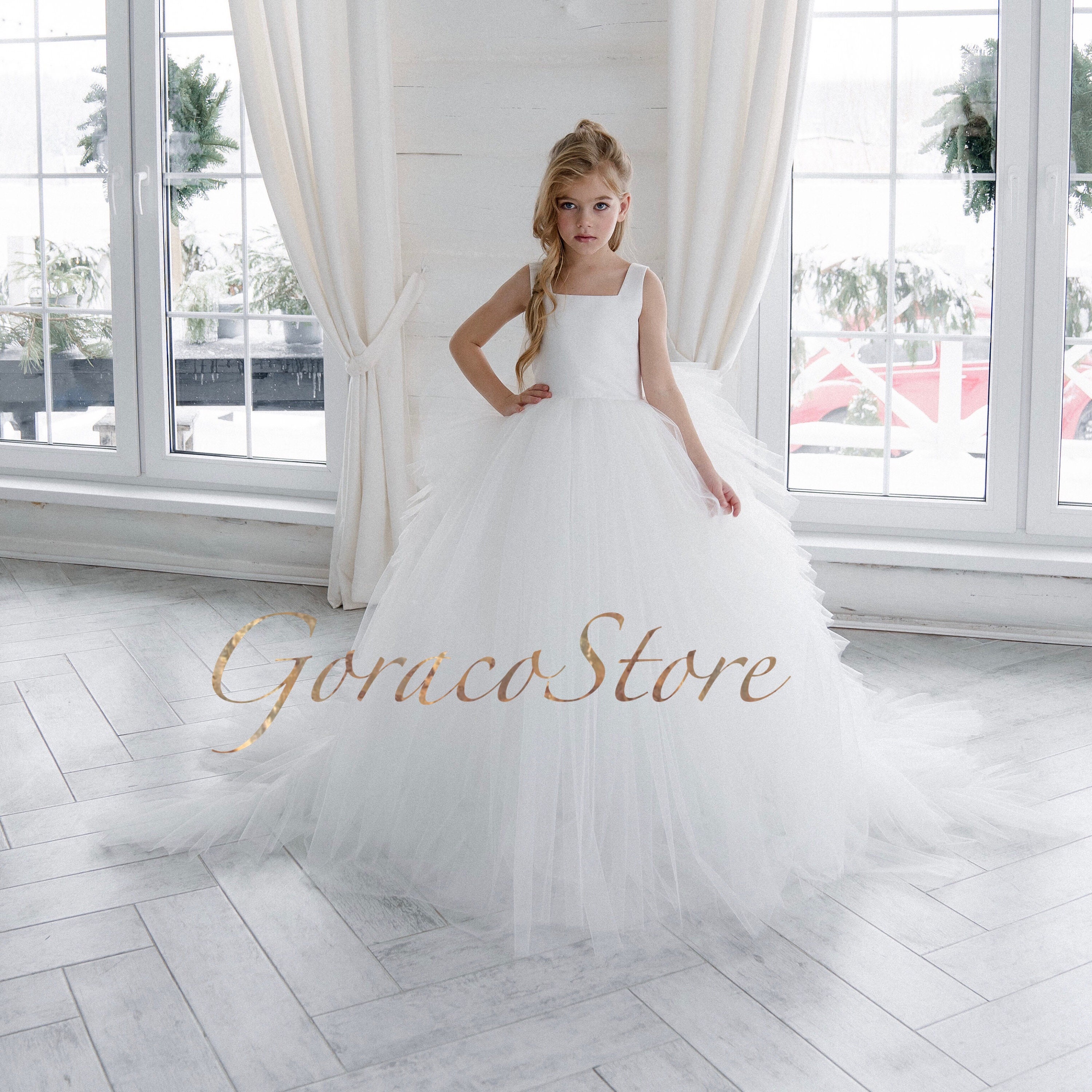 Satin Flower Girl Dress White, Flower Girl Dress Tulle Train, Ivory