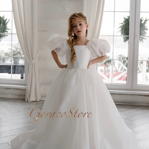 Satin Blumenmädchen Kleid weiß, Blumenmädchen Kleid Puffärmel, Blumenmädchen Kleid ivory Kleinkind, Blumenmädchen Kleid Bogen, Geburtstagskind Kleid