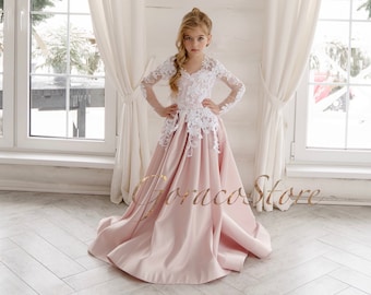 Blumenmädchenkleid mit langen Ärmeln, Satin-Blumenmädchenkleid für Kleinkinder, Blumenmädchenkleid mit Schleife, Boho-Blumenmädchenkleid für Kleinkinder