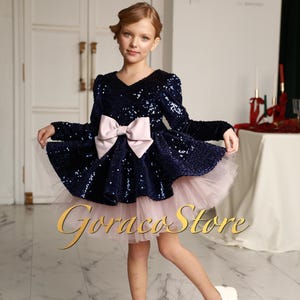 Navy flower girl dress, Sequin flower girl dress, Navy wedding dress, Blue tutu dress, Tulle girl dress, Special occasion girl dress