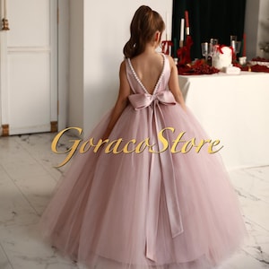 Satin flower girl dress bow, Tulle flower girl dress, Kids prom dress, Girl princess dress, Poofy dress girls, Blush flower girl dress