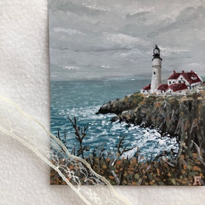 Lighthouse Original Painting Acrylic, Vintage Sea Landspace Paint Artwork, Wall Hangings Decor Art, Framed Cozy Home Hand Painted image 2