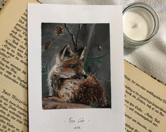 Fox Cub "Original A6 Acrylic Painting", Autumn Fox Cub Small Painting, Gallery Wall Art Decor, Tiny Artwork