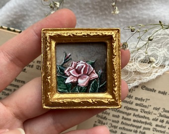 Pink Rose "Framed Original Acrylic Painting", Forest Artwork, Wall Decor Art, Home Decor Ideas, Miniature Tiny Vintage Flower Painting