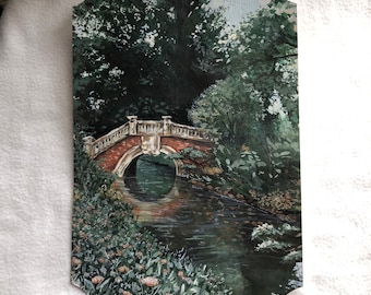 Old Bridge "A4 Original Painting - Acrylic", Wood Paint Artwork, Wall Landscape Decor Art, Framed Print