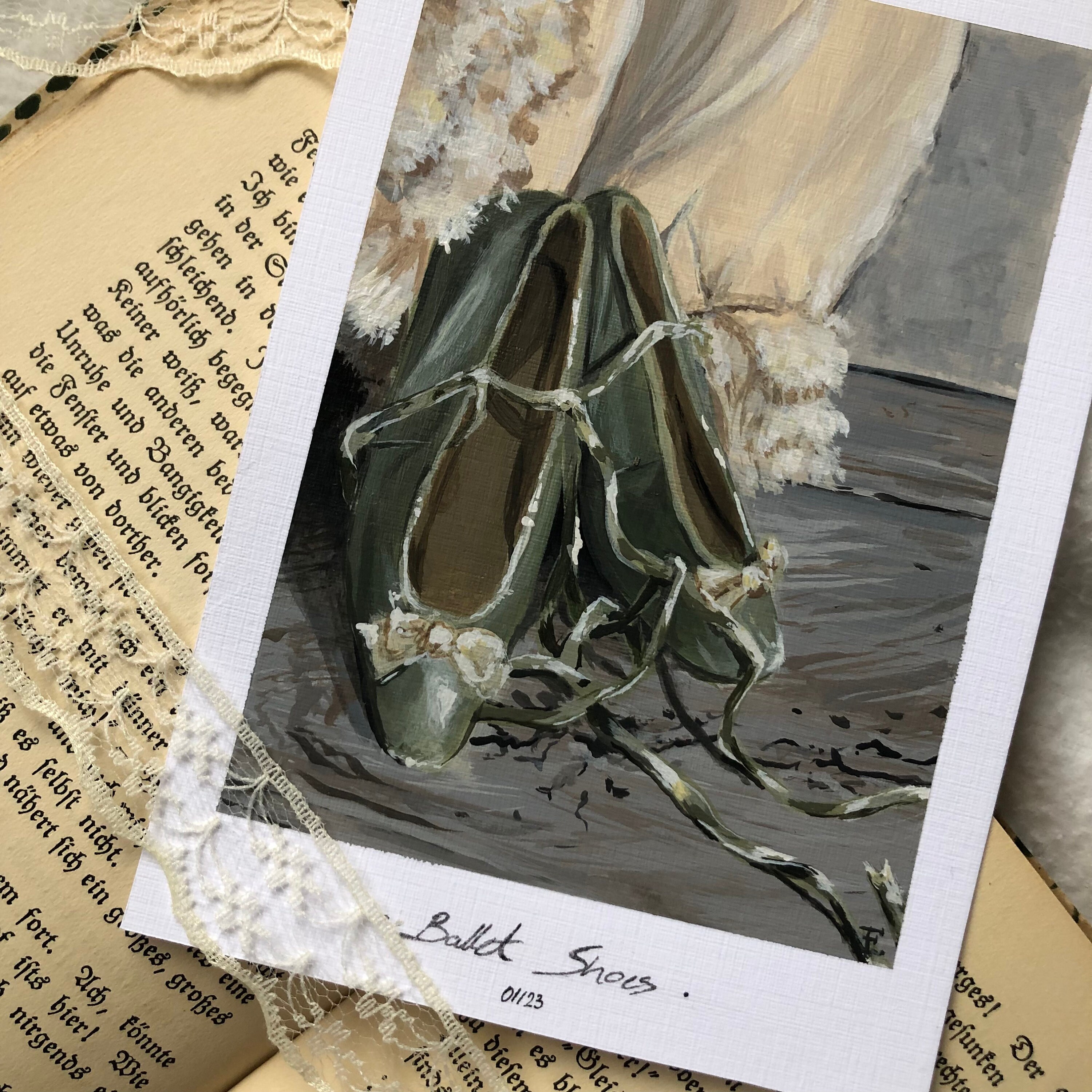 Ballet Shoes original Painting Acrylic A6 , Vintage Artwork, Small Art