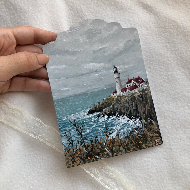Lighthouse Original Painting Acrylic, Vintage Sea Landspace Paint Artwork, Wall Hangings Decor Art, Framed Cozy Home Hand Painted image 3