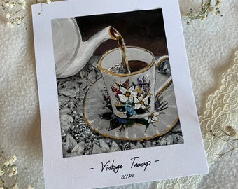 Vintage Teacup "Original Painting - Acrylic", Artwork, Wall Hangings Decor Art, Framed Cozy Period Home Hand Painted