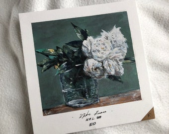 White Roses "Original Painting Acrylic A5 ", Tiny Artwork, Small Painting, Vintage Flower Painting, Hand Painted