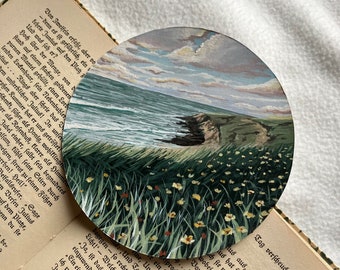 Wildflowers and Ocean "Original Acrylic Painting ", Sea DecorArt , Small Artwork, Home Gifts, Wall Hangings
