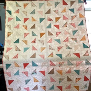 Op de afbeelding: Een handgemaakte quilt met een witte achtergrond en een herhalend patroon van kleurrijke driehoeken. De driehoeken zijn in tinten rood, roze, blauwgroen, bruin en oranje, en sommige hebben een patroonstof. De quilt hangt.