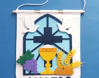 Baner na Pierwszą Komunię | Zmontowany | Ręcznie robiona dekoracja religijna dla chłopców i dziewcząt, dekoracja na uroczystość religijną
