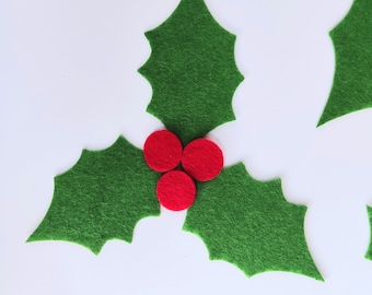 Felt Holly Leaves Felt Die Cut Christmas Craft Supplies Felt Mistletoe Sewing Craft Projects Green Leaves With Red Berries | 3 Sizes