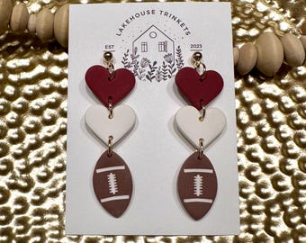 Gameday Football Dangle Earrings: Maroon and White Polymer Clay