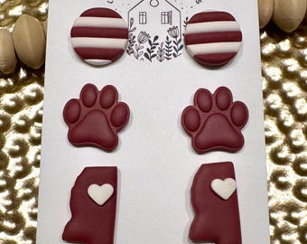 Maroon and White Polymer Clay Earrings: Gameday Studs
