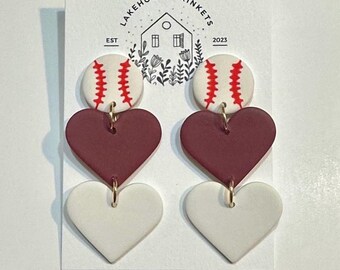 Gameday Dangle Earrings: Maroon and White Baseball Heart Earrings