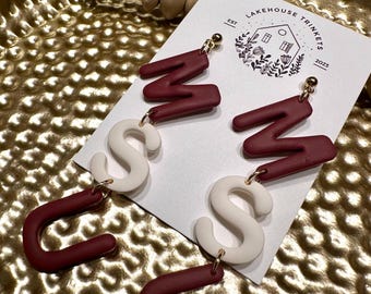 Maroon and White Letter Dangle Earrings: Gameday Polymer Clay Jewelry