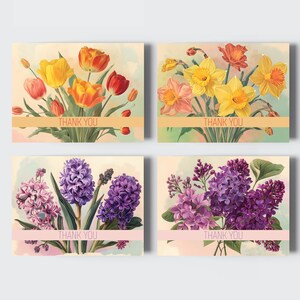 Lot de 4 cartes de remerciement bouquet de saison printanier - 3,5 x 5 pouces avec enveloppes blanches et boîte transparente