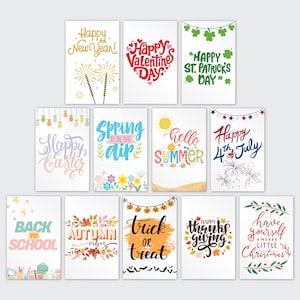 May include: Twelve printable cards with different holiday themes. Each card features a colourful design with handwritten text. The themes include New Year, Valentine's Day, St. Patrick's Day, Easter, Spring, Summer, 4th of July, Back to School, Autumn, Halloween, Thanksgiving, and Christmas.