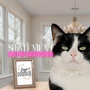 May include: A black and white cat with green eyes is the focal point of this image. The text "Make a STATEMENT MEETING BACKGROUNDS" is displayed above a framed logo placeholder. A chandelier hangs in the background.