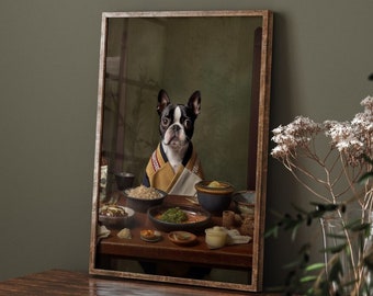 Boston Terrier Porträt in traditioneller japanischer Kleidung | Lustige Kunst | Dunkelgrün | Vintage Malerei | Einweihungsparty Geschenk | HOCHWERTIGER DRUCK