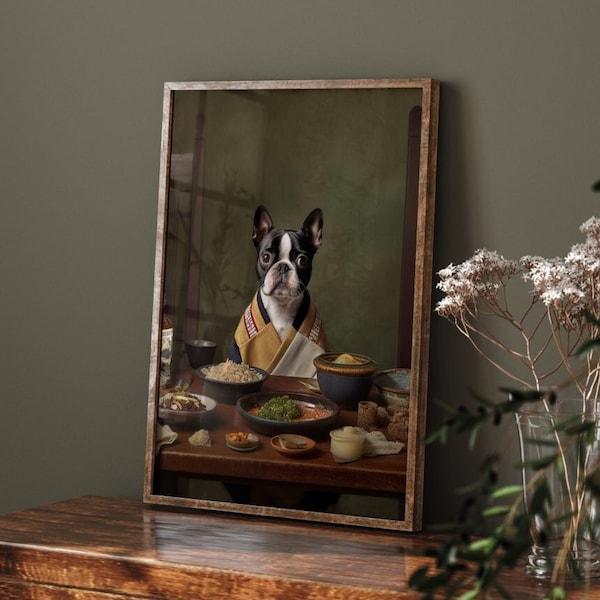 Boston Terrier portrait in traditional Japanese attire | Funy Art | Dark green | Vintage painting | Housewarming gift | HIGH QUALITY PRINT