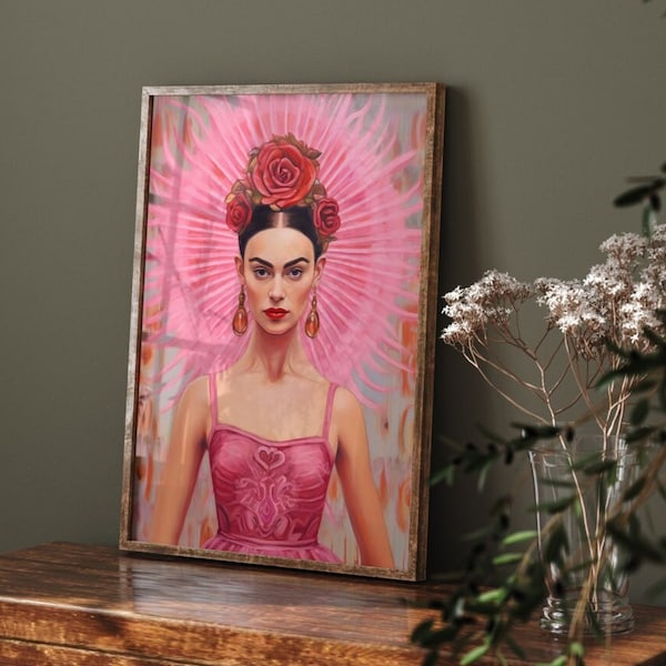 Pink portrait painting | Frida Kahlo Style | HIGH QUALITY PRINT| Home Gallery Wall Art | Inspiring woman | Maximalism decor | Trending Art