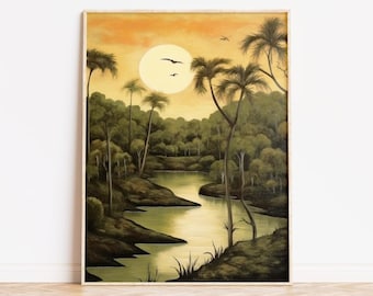 Imprimé jungle | Peinture de paysage de forêt tropicale | Art mural tropical vintage | IMPRESSION DE HAUTE QUALITÉ| Décoration murale exotique, décoration de chambre kaki