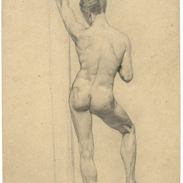 Gustav Klimt Academy Drawing, Nude Male Back | Study of Body Sketch Art Print | HIGH QUALITY | Klimt Print | Famous Artist Pencil Drawing