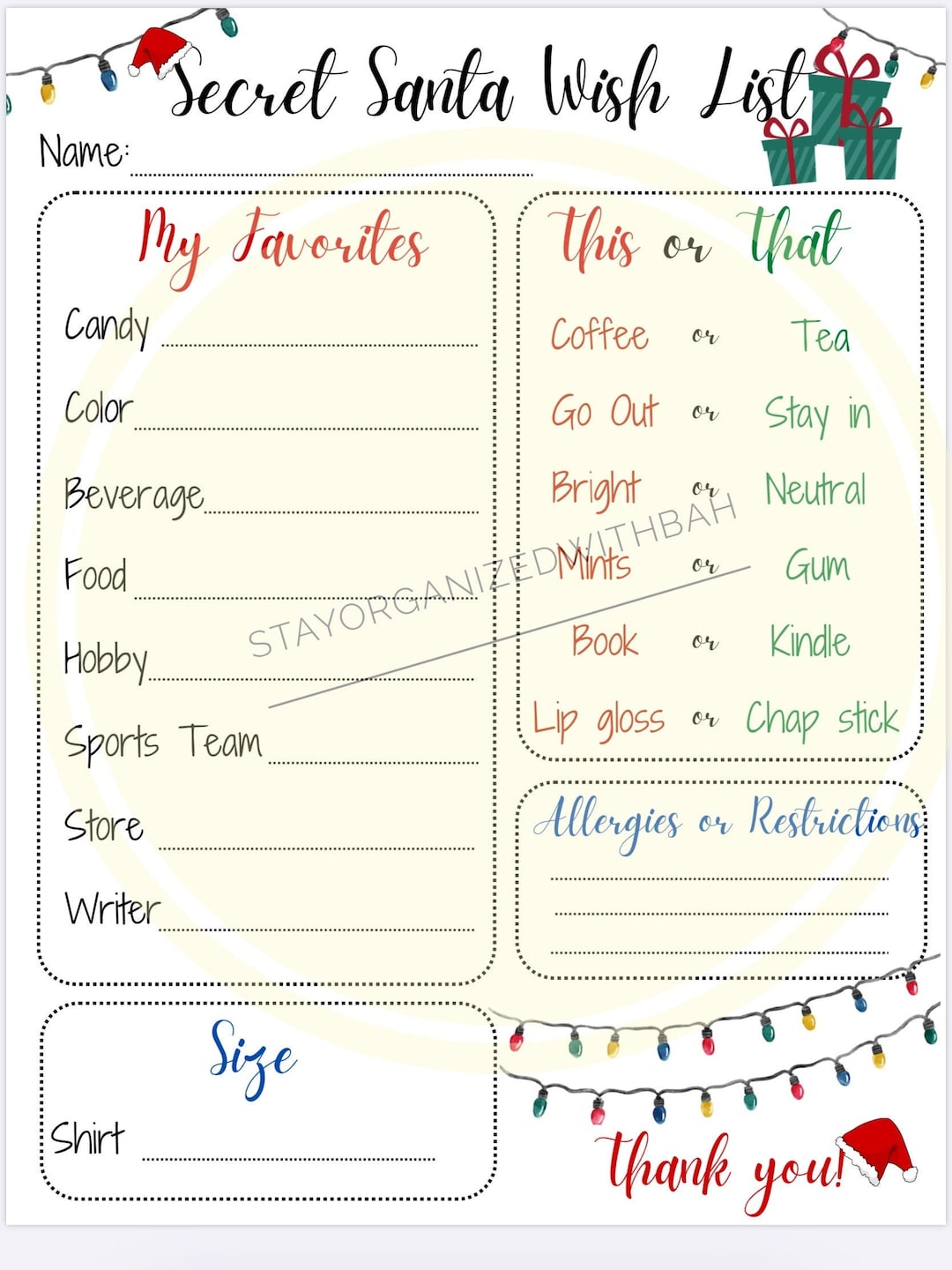 Secret Santa Wish List PRINTABLE Teachers/work/family Etsy UK