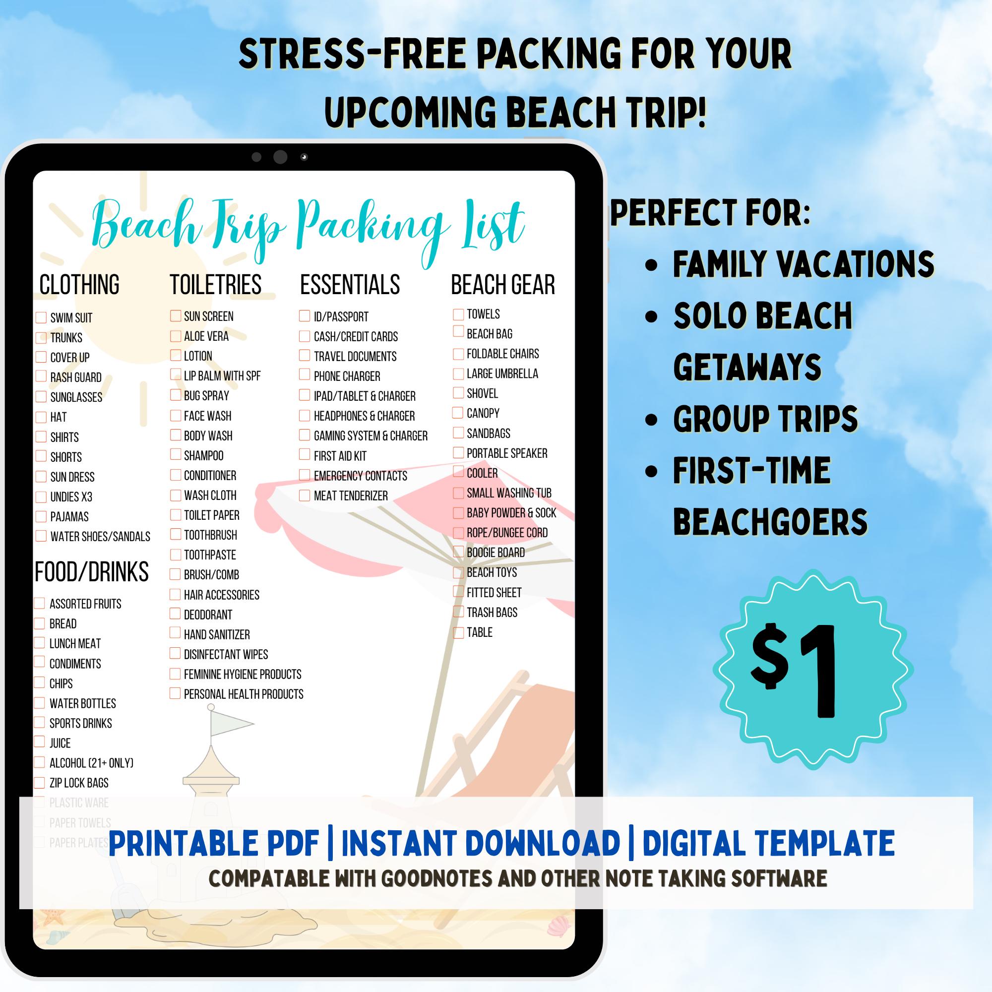 Ultimate Beach Packing List | Family Beach Trip Checklist | Printable PDF Instant Download