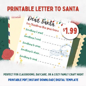 Plantilla de carta a Papá Noel para imprimir / Descarga instantánea / Plantilla de actividad festiva