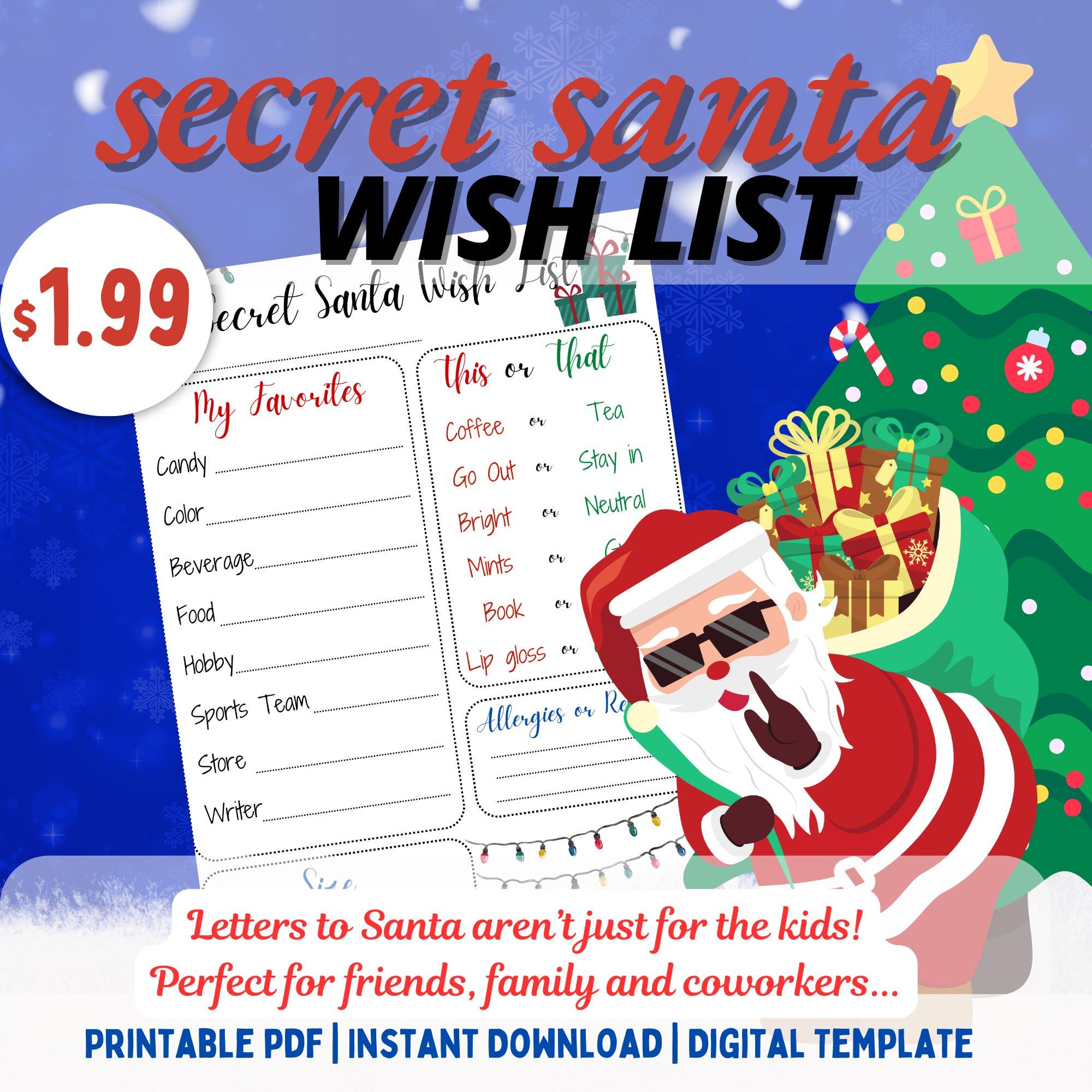 Secret Santa Wish List PRINTABLE | Instant Download | Holiday Party - Etsy for Christmas Secret Santa Wish List Printable Free