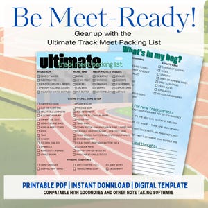 May include: A digital track meet packing list with a blue and white design. The list includes hydration, picnic items, fresh fruits, and athlete's bag essentials. Text on the image reads "Be Meet-Ready!" and "Printable PDF | Instant Download".
