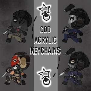 May include: Acrylic keychains featuring cartoon characters from the game COD. The keychains have a running pose and are wearing black helmets and tactical gear. The text "COD Acrylic Keychains" is in the center of the image.