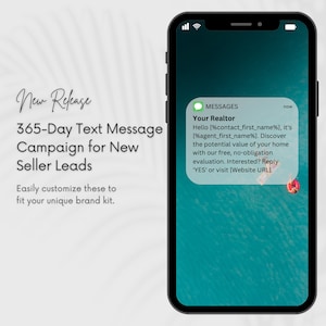 May include: A smartphone displays a text message from a realtor. The message offers a free home evaluation. Text on the screen reads: "365-Day Text Message Campaign for New Seller Leads." The phone is black with a white background.