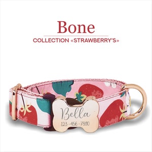 Strawberry's Pink Custom Dog Collar, Adjustable for Small, Medium, and Large Dogs, Metal Bone Buckle.